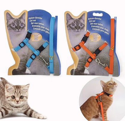 2 Pack Cat Harness and Leash | Adjustable Halter Harness with Nylon Strap, Safety Rope Leads for Kittens | Orange & Light Blue Color Set, Comfortable Escape-Proof Design