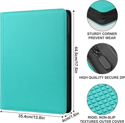 GEAoffice 16 Pocket Trading Card Binder for 1000+ Cards, Ringless Side-Loading 4x4 Card Binder with Zipper Closure, PU Leather 1024 Card Binder for MTG/TCG/Baseball/Sports&Game Cards, Turquoise
