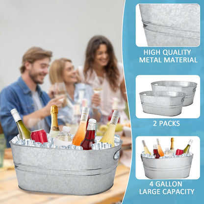 2 Pack 4 Gallon Galvanized Tub Ice Buckets for Parties Portable Beverage Tub Champagne Bucket Metal Ice Buckets for Cocktail Bar with Ice Scoop