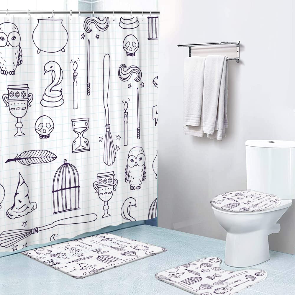 LOKMU 4 Pcs Shower Curtain Sets with Non-Slip Rugs, Toilet Lid Cover and Bath Mat,Witch Birdcage Magic Books Owl Wand Broom Waterproof Shower Curtain with 12 Hooks, Bathroom Decor Sets, 72" x 72"