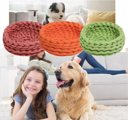 Woven Dog Bed Basket, Knitted Cotton Cat Bed Round Washable Woven Cat Pet Bed Chunky Dog Basket, Orthopedic, Chunky Knit Dog Nest,Dog Bed,Dog Cave,Dog Bedding(Pink,19")
