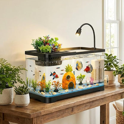 4 Gallon Fish Tank Aquarium Starter Kit with Filter and Light, All in One Small Fish Tank for Betta, Kids & Desktop Use, Self Cleaning Nano Aquarium with Lid(Medium Black)