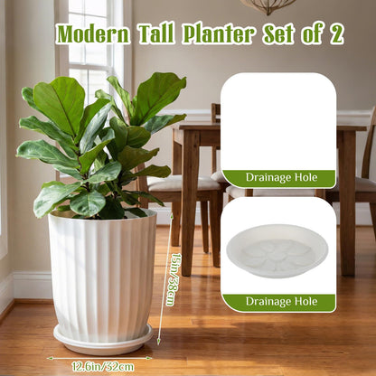 Briwooody 2 Pcs Tall Planter 15" Large Round Plastic Plant Pots with Drainage Hole and Tray White Modern Planter for Indoor Outdoor Plants Home Office Kitchen Bedroom Living Room Porch Patio Decor