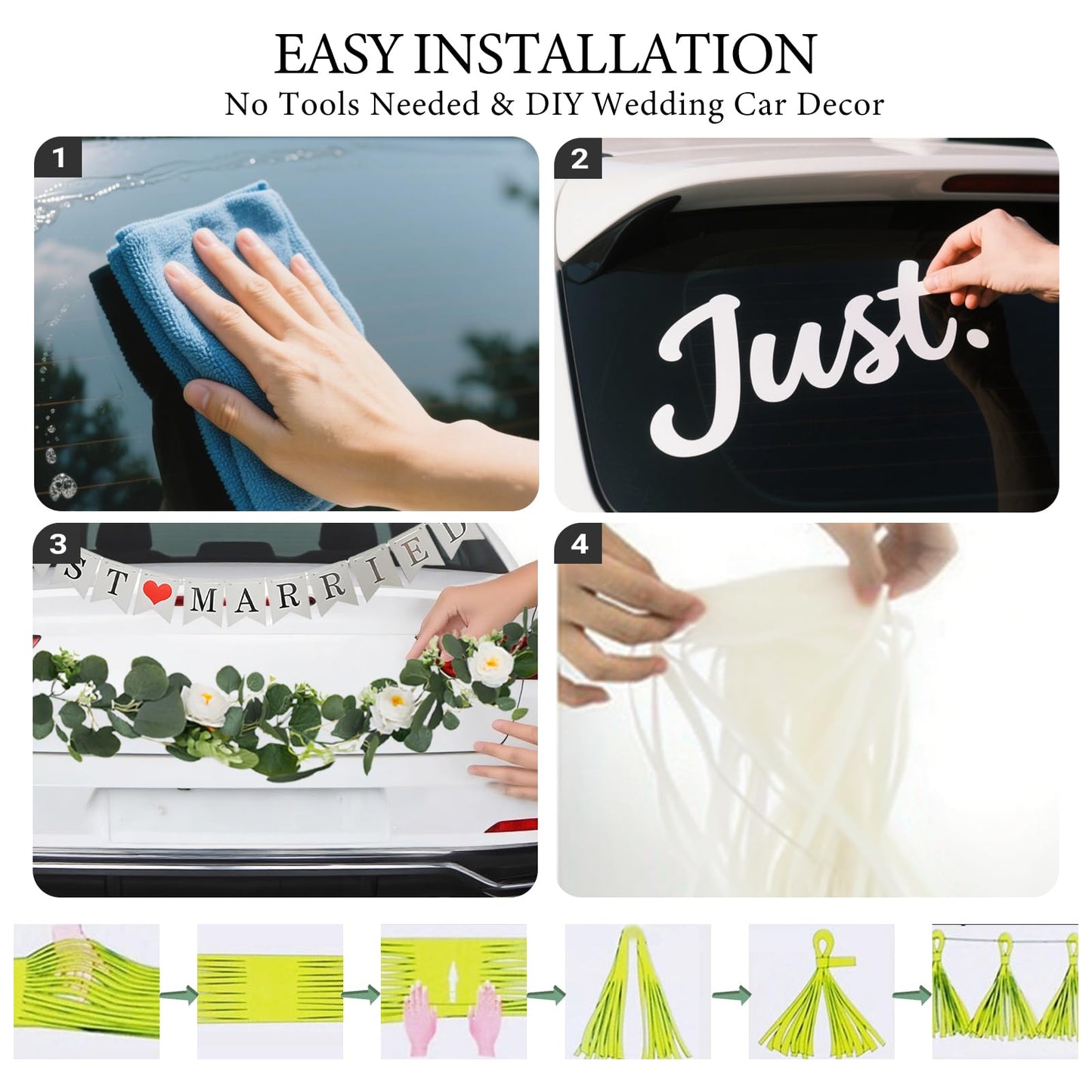4PCS Just Married Wedding Car Decorations Kit with Greenery Vine Removable Banner Paper Tassel Static Cling Window Sticker for Bride and Groom Honeymoon Getaway Send Off Vehicle Decor
