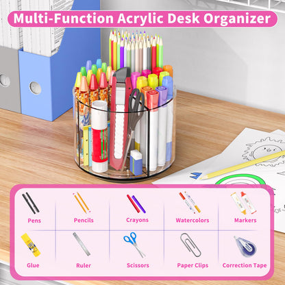 Wawocs Small Pencil Organizer for Desk Acrylic 4 Compartments, Tiny Rotating Art Supply Organizer Kids, Spinning Round Marker Small Clear Desktop Caddy Swivel Office Pen Pencil Holder