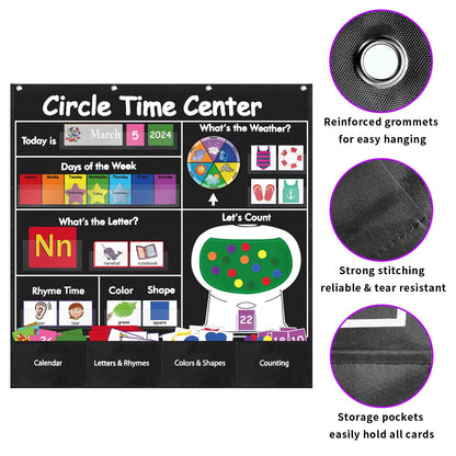 BOHEMIABY Circle Time Learning Center Classroom Pocket Chart Preschool, Educational Pocket Chart Teaching Materials, Learning Calendar Weather Counting Letter Color, Circle Time Learning Center Black