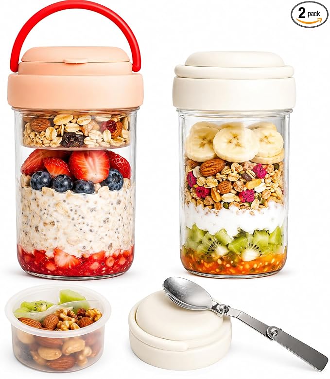 Overnight Oats Containers with Handles & Lids – 16oz Glass Mason Jars with Spoons & Fruit Compartments, Meal Prep Breakfast Jars, 2 Sets (Cream, Pink)