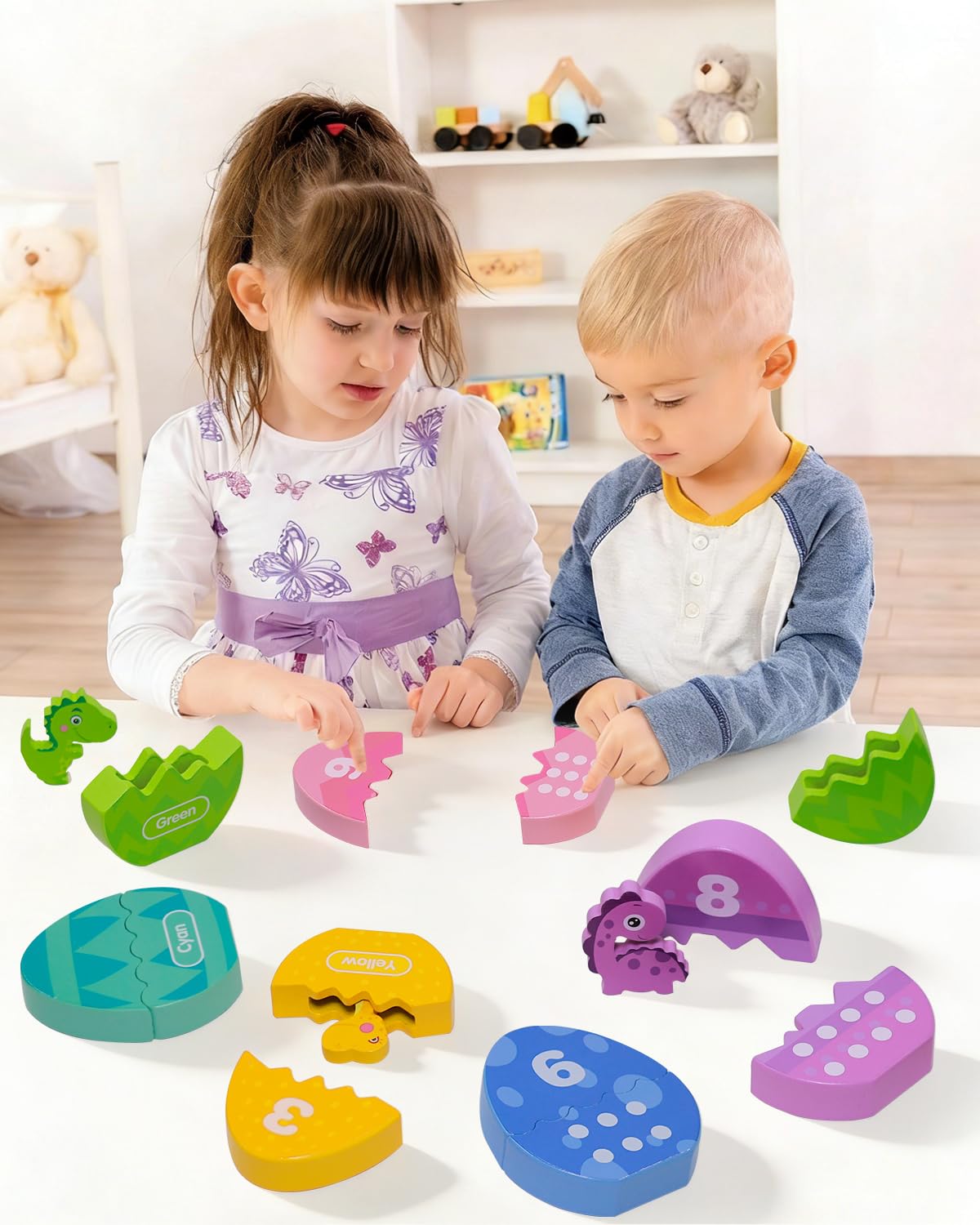 OEUVI Toddlers Learning Toys Wooden Number Counting Montessori Educational Toys Matching Eggs Dinosaur Toys Sorting Fine Motor Games Christmas Birthday Easter Gift for Kids Boys Girls Ages 3+
