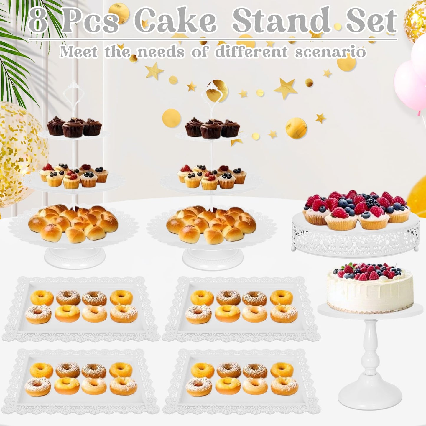 Fivenl 8 Pcs Cake Stand White Metal Dessert Table Display Set, 3-Tier Cupcake Stand, Cake Display Tower and Cookie Tray Rack Serving Tray for Birthday Party, Weddings, Baby Shower (White)