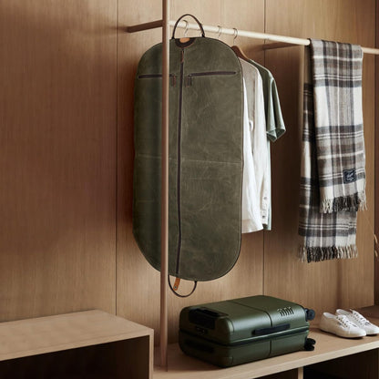 Polare 43” Waxed Canvas Full Grain Leather Trim Carry On Garment Bag for Travel, Waterproof Dust-Proof Foldable Hanging Suitcase Weekender Garment Cover with YKK Zipper (Army Green)
