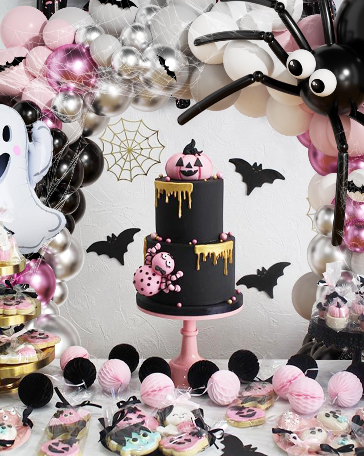 136Pcs Halloween Balloon Garland Arch Kit with Pink White Black Sliver Grey Eyes Balloons, Ghost Foil Balloon, Bats, Spider Web for Halloween Party