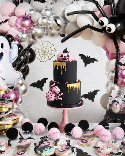 136Pcs Halloween Balloon Garland Arch Kit with Pink White Black Sliver Grey Eyes Balloons, Ghost Foil Balloon, Bats, Spider Web for Halloween Party
