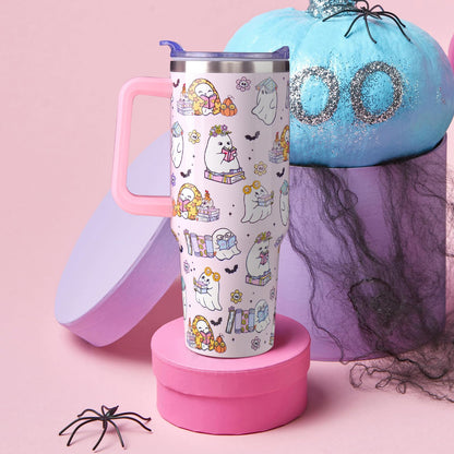 ZNYYZYBA 40 oz Halloween Tumbler with Lid and Straw, Stainless Steel Insulated Ghost Reading Book Tumbler 40 oz, Reusable Ghost Cup with Leak Proof Lid, Halloween Gifts for Women