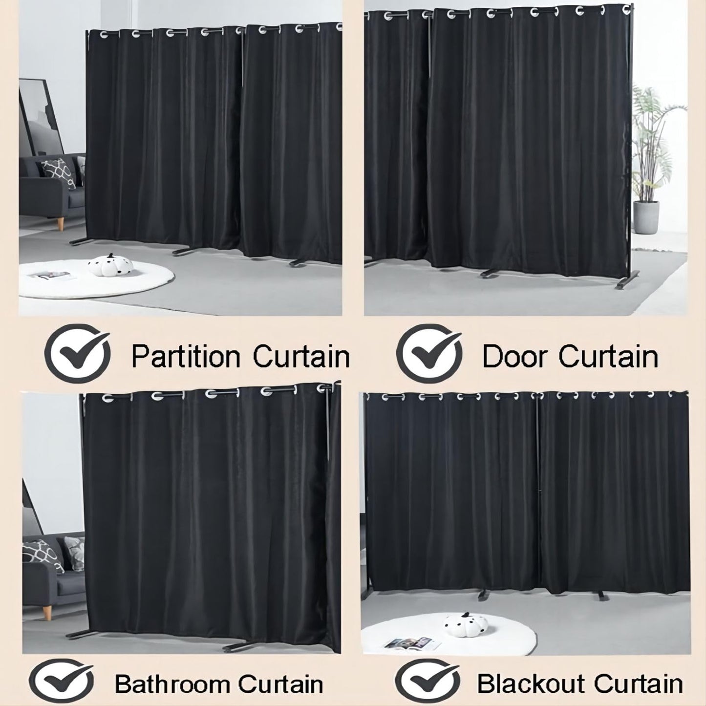Portable Room Divider Panel, Folding Freestanding Room Partition Wall, Home Vertical Curtain Divider Stand Ceiling Self Stand, Space Privacy Screen for Office, Black