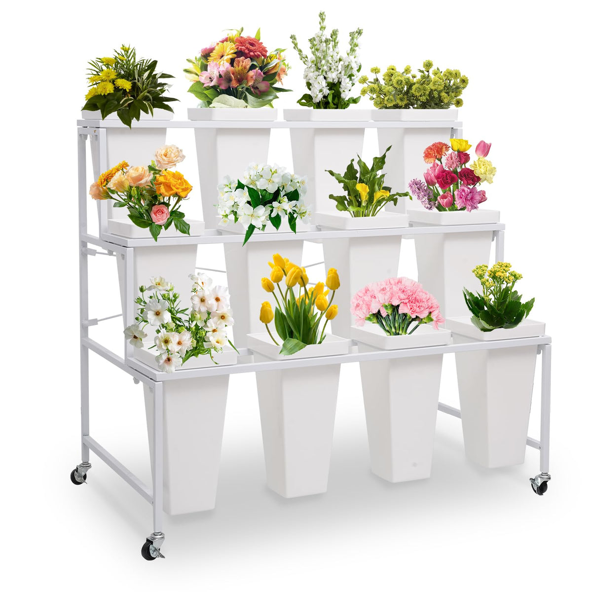 Flower Display Stands with Buckets, 3-Tier Rolling Plant Stand with Locking Wheels - Heavy Duty Metal Flower Cart for Indoor/Outdoor Use, Wedding Decor & Florist Displays (Holds 12 Pots) (White)