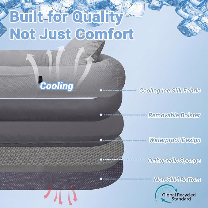 WROS Cooling Human Dog Bed for Summer, Breathable Washable Floor Lounger for People & Pets, 57'' x 35'' x 10'', Glacier Grey, Pet Bed for Hot Weather Relaxing