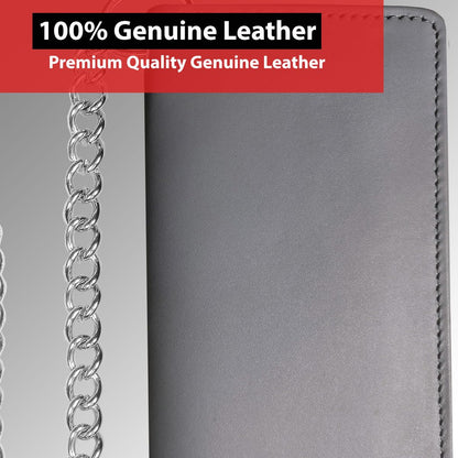 CLASSIC Motorcycle Chain Wallet for Men – Premium Cowhide Leather, RFID Bi-Fold Biker Wallet with Heavy Duty Chain for Bikers Truckers & Hunters, Credit Card Money Organizer Long Wallet Aniline Grey