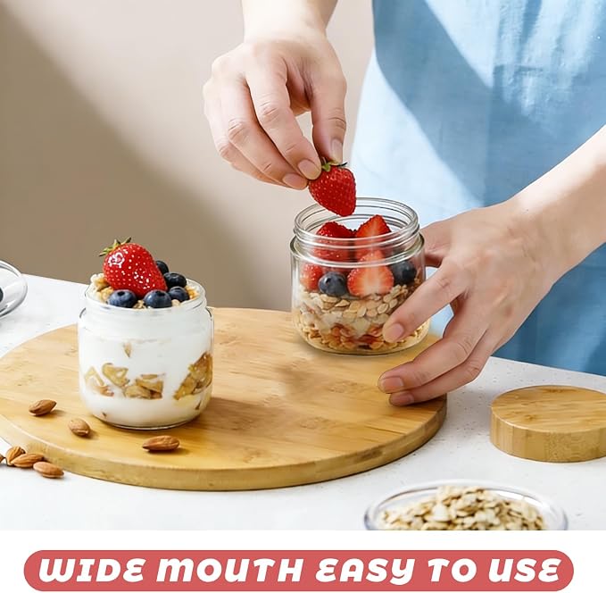 Wresty Empty Clear Glass jars with Airtight Lids Overnight Oats Containers Glass Food Storage Containers Glass Mason Jars For Yogurt Snacks Spice Sugar Jam And More (3 Pcs Bamboo Lids, 300ml/10oz)