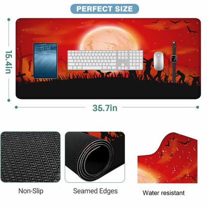 Y YIHANGBEST Zombie Apocalypse Mouse Pad Keyboard Mat Red Sky Full Moon Leafless Trees and Crosses Black Bats Large Gaming Mousepad for Desk,Computer,Office 35.4"X15.7"
