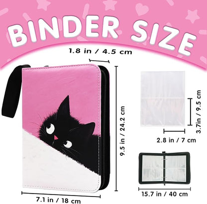 Cute Cat Card Binder, 400 Pocket Card Album for Girls Gifts, Black Cat kitten Trading Game Card Holder Album for Standard Size Cards, Collectible Game Collection Case (Pink)