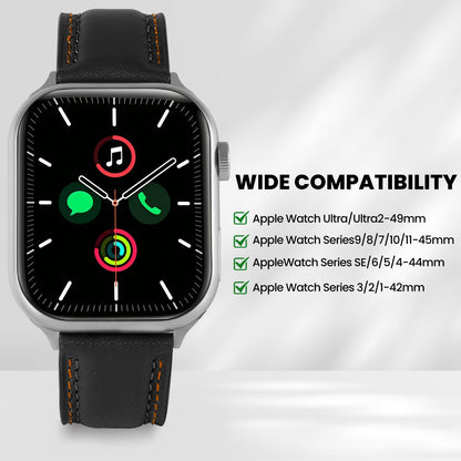 Soft Genuine Leather Band for Apple Watch 49mm 46mm 45mm 44mm 42mm - Women/Men Vintage Retro Replacement Wristband Strap with Metal Buckle for iWatch Ultra 3/2/SE/Series 11/10/9/8/7/6/5/4/3 - Black