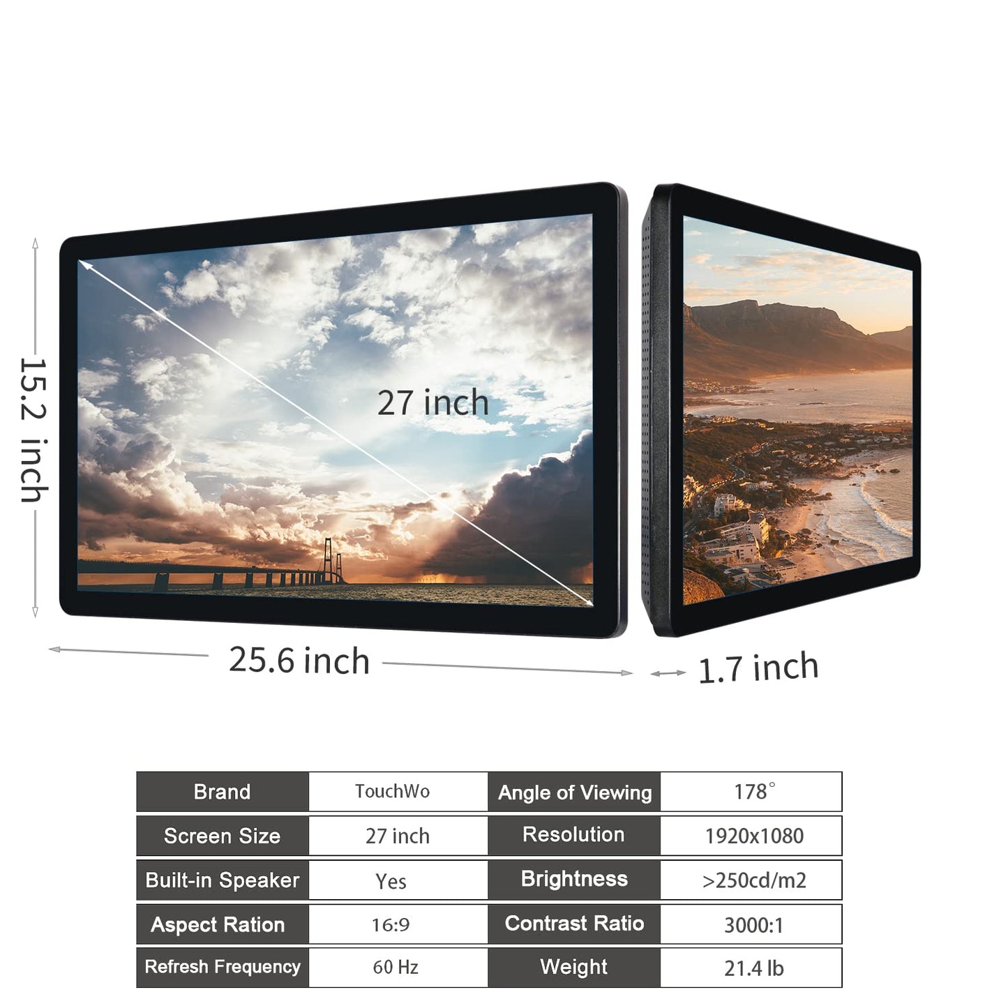 TouchWo 27 inch Android 14 Touchscreen Monitor Tablet, 16:9 FHD 1080P, WiFi & BT, Built-in Speakers, RK3576 8GB RAM & 128GB ROM, Smart Board for Classroom, Meeting & Game