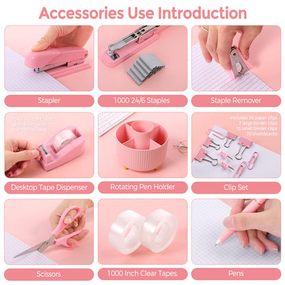 SKYDUE Pink Office Supplies Set, Pencil Holder for Desk,Gel Pen, Stapler, Tape Dispenser, Scissors,Clips and 1000pcs Staples, Office Decor for Women, Pink Desk Accessories