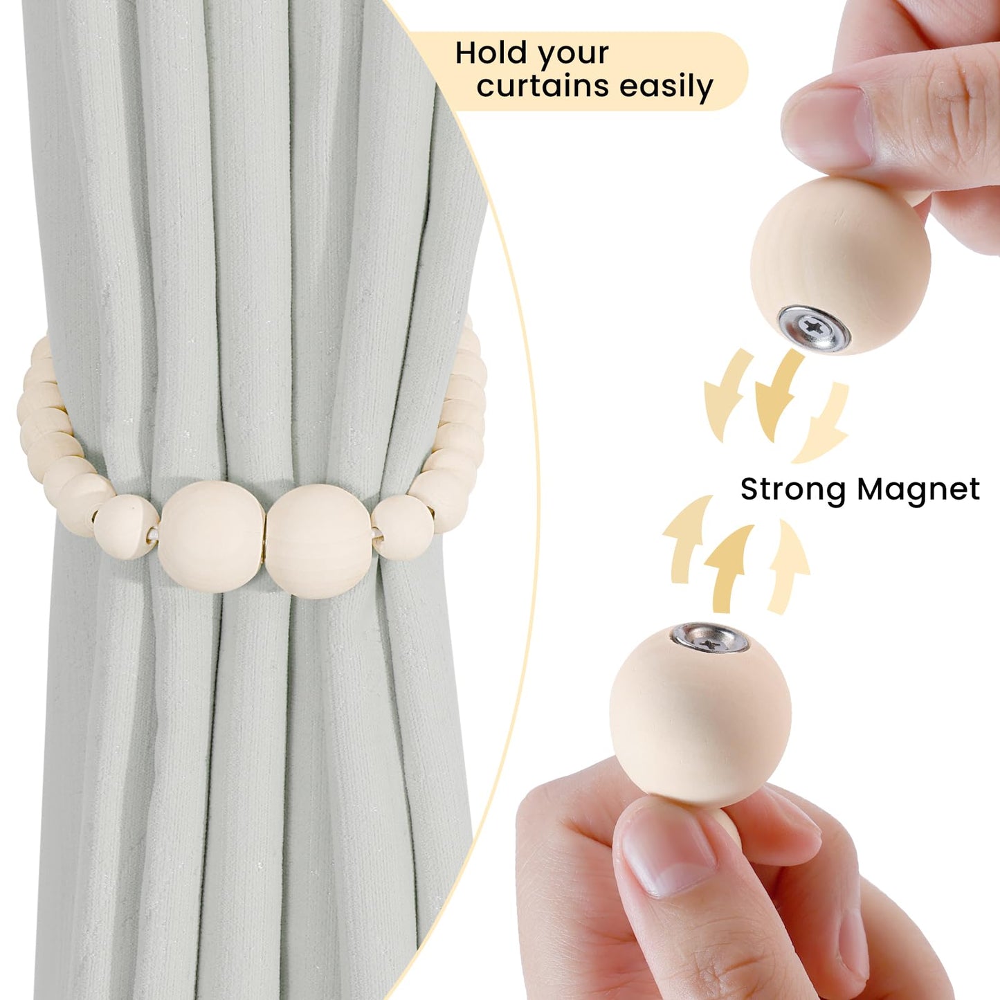 KLOGTSIND Magnetic Curtain Tiebacks, 4 Pack Curtain Holdbacks for Draperies, Wood Bead Curtain Tiebacks, Elegant Curtain Tie Backs for Bedroom Decor, Boho Room Decor, Nursery Decor, Farmhouse Decor