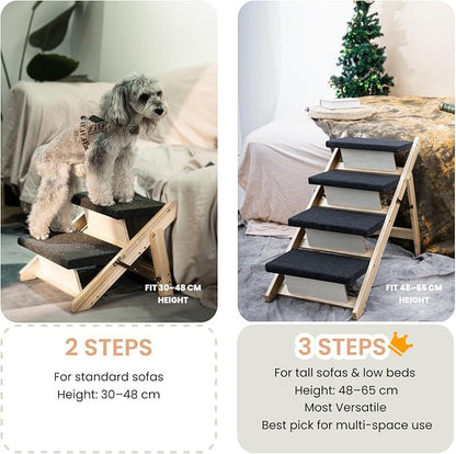 MEWANG Wood Pet Stairs & Ramp for Small/Medium Dogs & Cats, Aging Pets – 2-in-1 Foldable, Portable, Non-Slip Pet Ladder for Tall Beds, Couches, Cars – Holds Up to 220 lbs (31.5" L x 17.2" W x 25.0" H)
