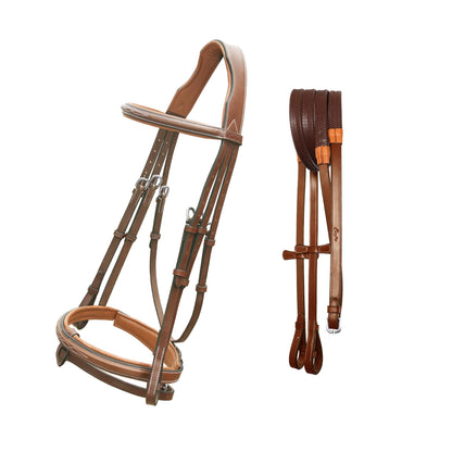 ExionPro Anatomical Snaffle Jumping Bridle for Horses with Removable Flash Noseband & Rubber Reins – Premium Vegetable-Tanned Leather, SS Buckles, Padded MonoCrown, Designer Stitching
