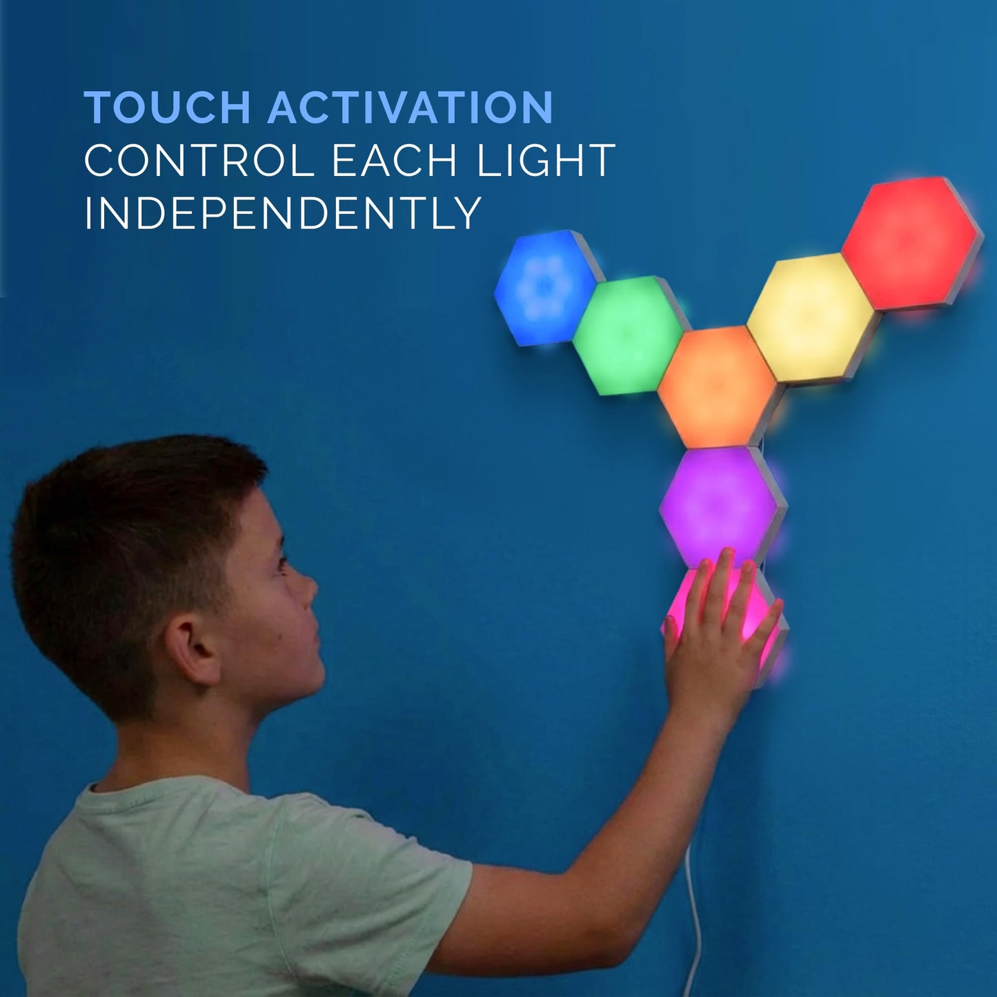 Emberela HEXlights Sensory Lights for Kids - 7pk Touch Hexagon Lights, Remote Controlled - Autism-Friendly Tap Tap Wall LED Panels for Sensory Room - Table Stand Included