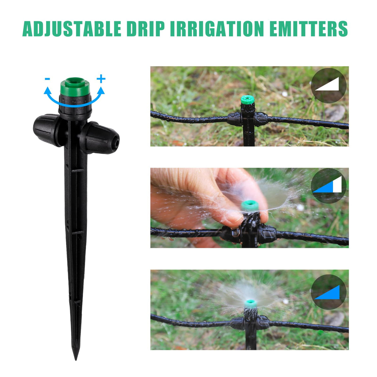 30 Pcs Drip Irrigation Sprayer Emitters for 1/4" Irrigation Tubing, Adjustable 360 Degree Water Flow Drippers on 6.5" Sturdy Stake with Double Lock Barbed Irrigation Drippers
