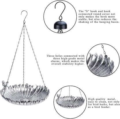 VCUTEKA Hanging Bird Baths for Outdoors, Metal Bird Bath for Outside Birdfeeder for Garden, Patio, Back Yard Decoration, Silver