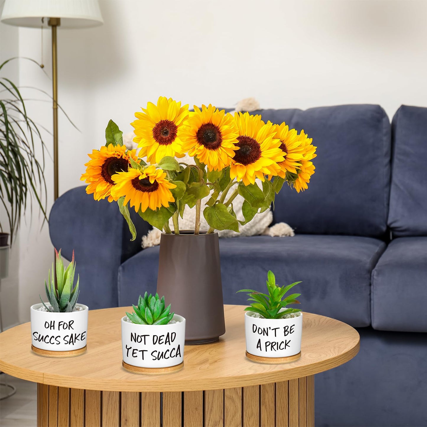 Domensi 9 Pcs Funny Succulent Pots Cute Aloe Cactus Planter with Bamboo Tray Ceramic Accessories White Mini Flower Drainage Tray Pots Indoor Outdoor Plants Birthday Gifts Housewarming Women Coworker