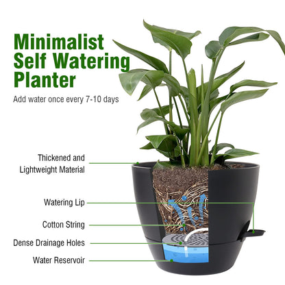 WSMKSZ 8 inch Self Watering Pots, 2 Pack Plastic Planters with Mesh Drainage Holes for Garden Plants and Flower, Plants Pots with Deep Reservoir for Indoor Outdoor Plants, Black