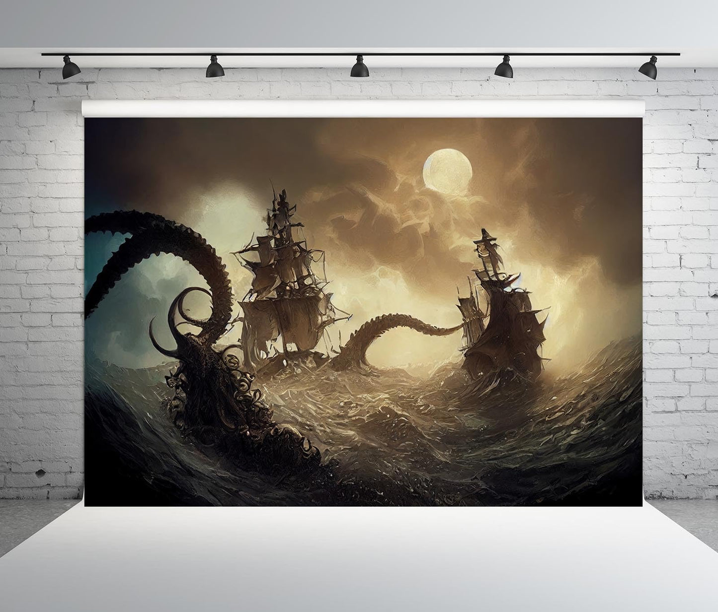 BELECO 7x5ft Fabric Fantasy Pirate Ship Backdrop Full Moon Night Octopus Monster Horror High Seas Nautical Background Pirate Party Decorations Halloween Decor Birthday Shoot Studio Photo Props