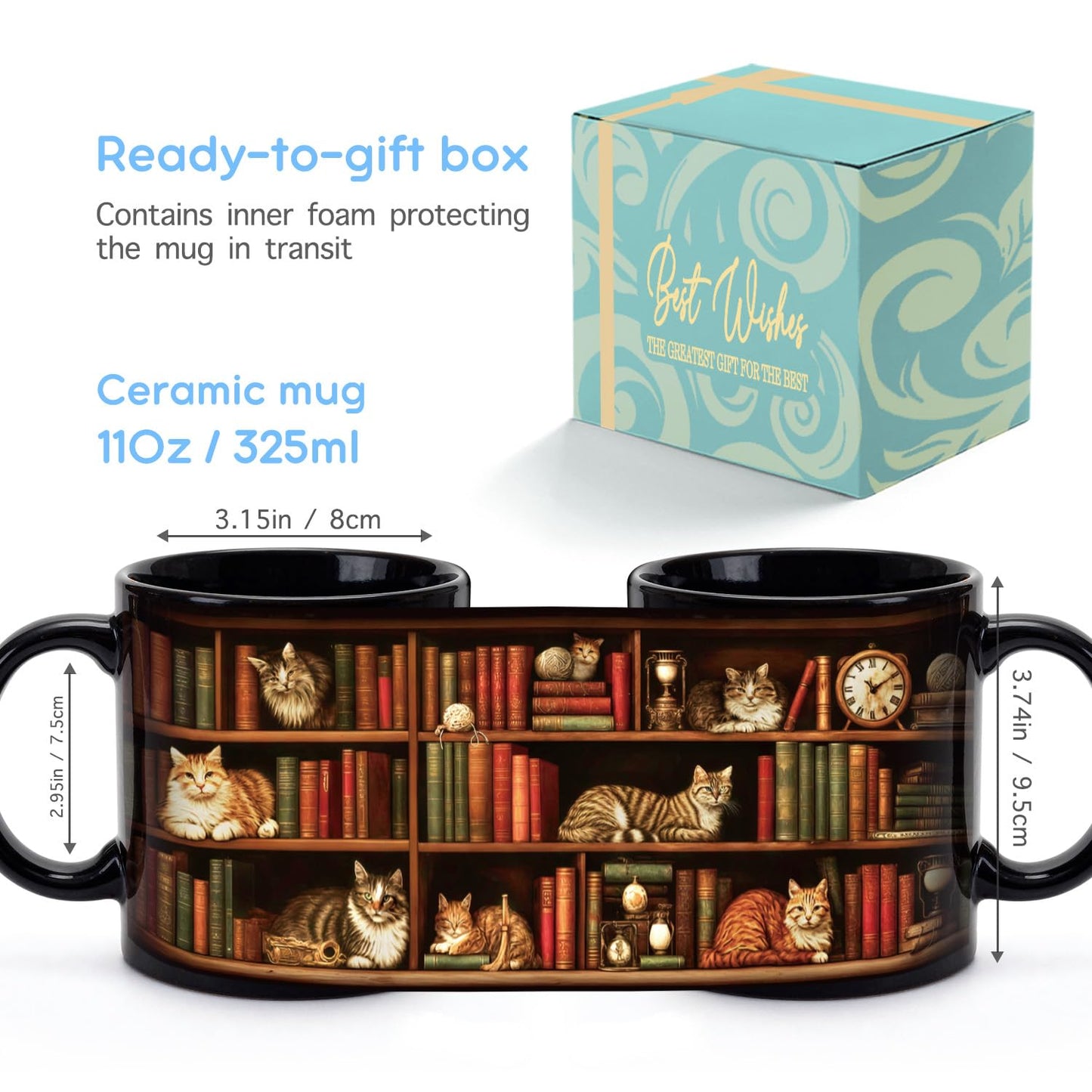 Palasarkaaa Cat Bookshelf Coffee Mug Gifts for Book Lovers, Book Lover Bookish Gifts for Bookworm Women Readers Librarian Writer, Cat Lovers Black Mugs 11oz