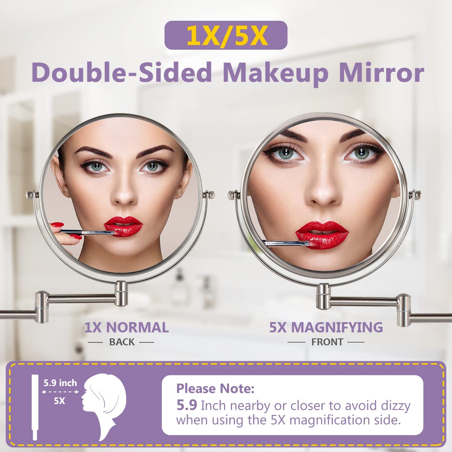 ALHAKIN 9" Wall Mounted Lighted Makeup Mirror, Large Rechargeable 1X/10X Magnifying Mirror with 3 Color Lights Dimmable, 360° Rotation, Nickel
