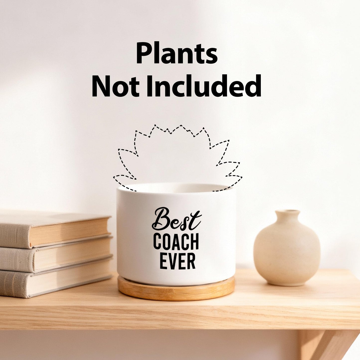 Best Coach Ever Coach Gifts Ceramic Succulent Plant Pot with Bamboo Tray Round Sports Gym Instructor Basketball Volleyball Football Soccer Home Office Decor Plant Lover 3.5 Inch White (No Plants)