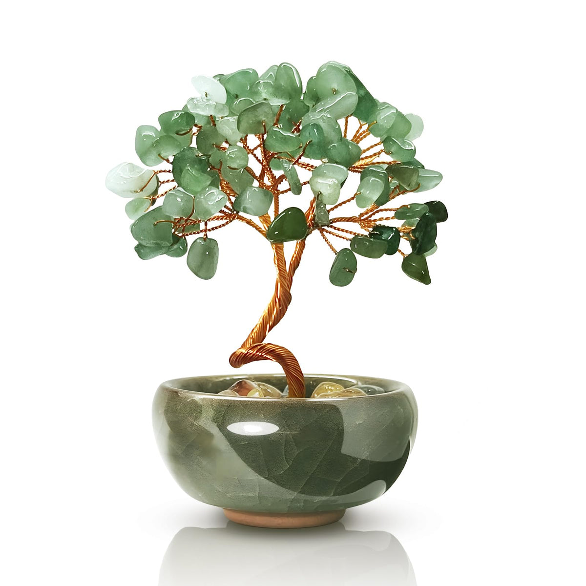 Janyortrenner Green Aventurine Crystal Tree,Harmony Office Desk Home Decor,Vitality Gift with Copper Wire in Ceramic Base