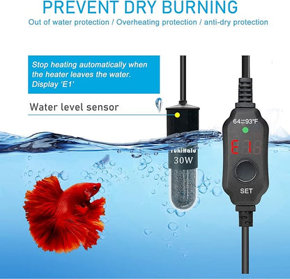 YukiHalu Super Mini Aquarium Heater, 10W 20W 30W Adjustable Fish Tank Heater with External Controller, Overheating Protection, Digital Display, Used for 0.5-3 Gallons(20 watts)