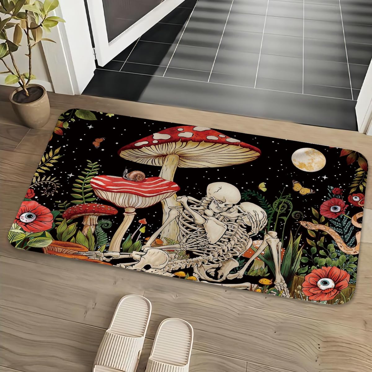 EXUQO Hippie Skeleton Door Mat,Groovy Mushroom Skull Welcome Mat Indoor Entrance for Home Living Room Bedroom Bars Cafe Porch,28x18 Inch