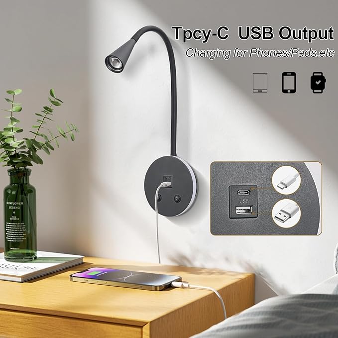 Black Headboard Reading Light with Nightlight, 2 Pack Wall Mounted Reading Lights with Switch, Plug-in Hardwired Reading Lamp for Bedtime Reading, Gooseneck Reading Sconces for Bedroom, Bedside