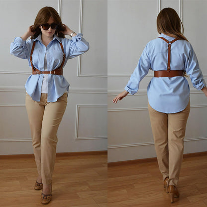 Kutocesy Women PU Leather Harness Belt with Suspenders Adjustable Punk Waist Belt for Shirts Gothic Streetwear Accessory (Brown)