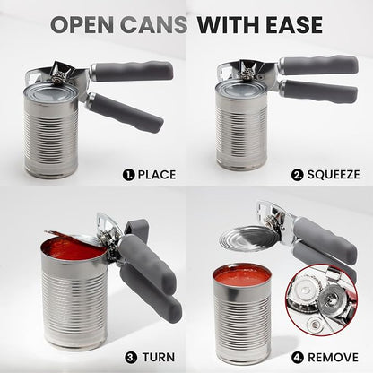 Zulay Kitchen Heavy Duty Stainless Steel Can Opener Manual with Bottle Opener - Rust Proof Manual Can Opener With Turn Knob & Comfy Soft Grip Handles - Gray
