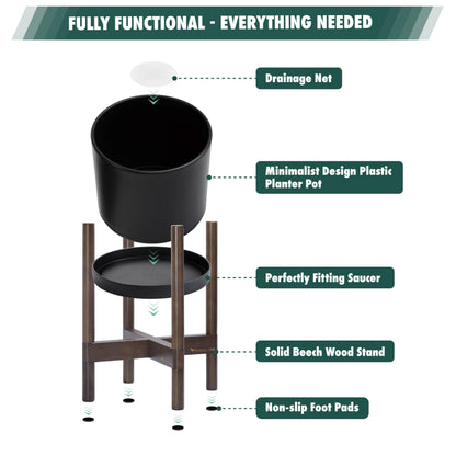D'vine Dev Planter Pot with Stand - 8 Inch Plastic Cylinder Flower Pot with Wood Planter Holder for Indoor, Matte Black Pot + Walnut Color Stand, 55-C-I-2