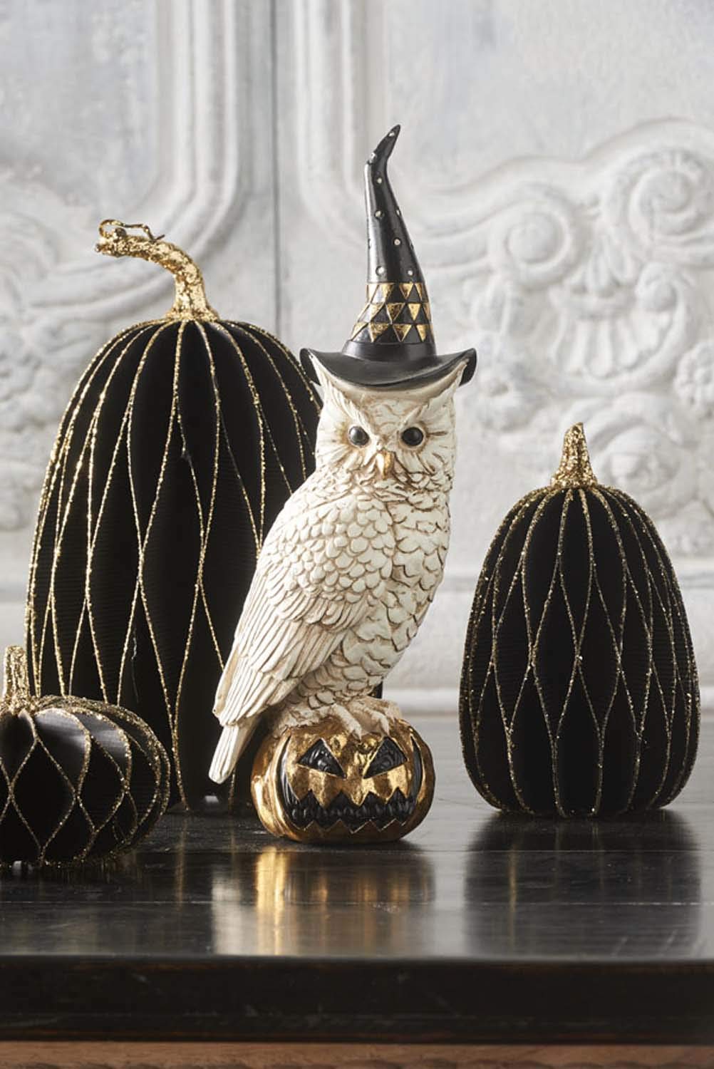K&K Interiors 14 Inch White and Gold Owl with Witch Hat On Gold Jack O Lantern