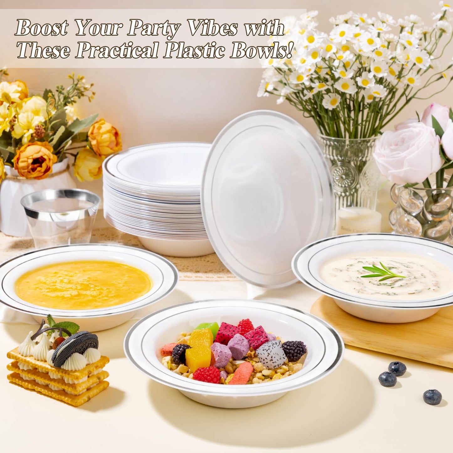 BESTSTAR 200 Pack Disposable Soup Bowls with Silver Rim, 12oz Premium Heavy Duty Plastic Dinner Bowls for Party, Wedding and Holiday