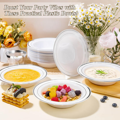 BESTSTAR 200 Pack Disposable Soup Bowls with Silver Rim, 12oz Premium Heavy Duty Plastic Dinner Bowls for Party, Wedding and Holiday