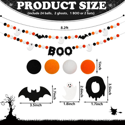 JarThenaAMCS 3Pcs Halloween Felt Garland Ghost Boo Bat Hanging Banner Orange Black White Pom Ball Banner for Haunted House Home Wall Mantle Decor